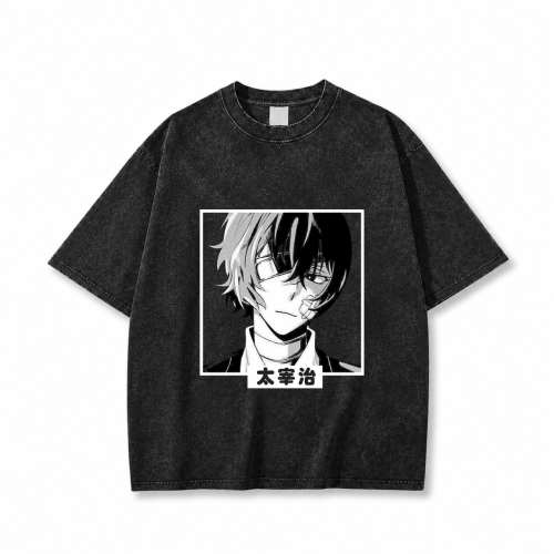 Koszulka Bungou Stray Dogs – czarna sprana, nadruk z przodu