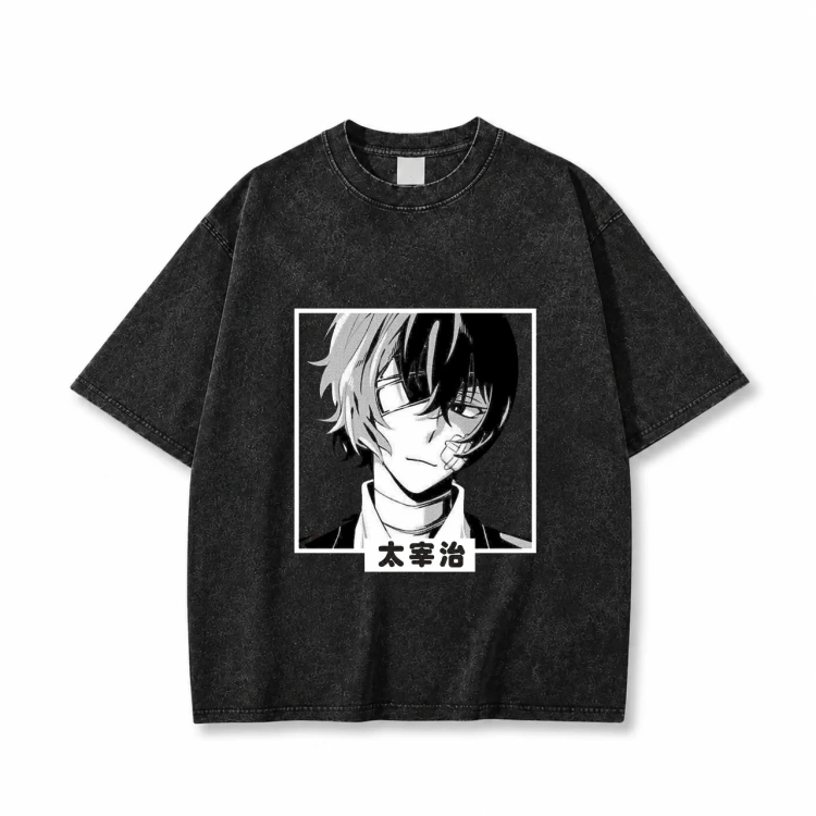 Koszulka Bungou Stray Dogs – czarna sprana, nadruk z przodu