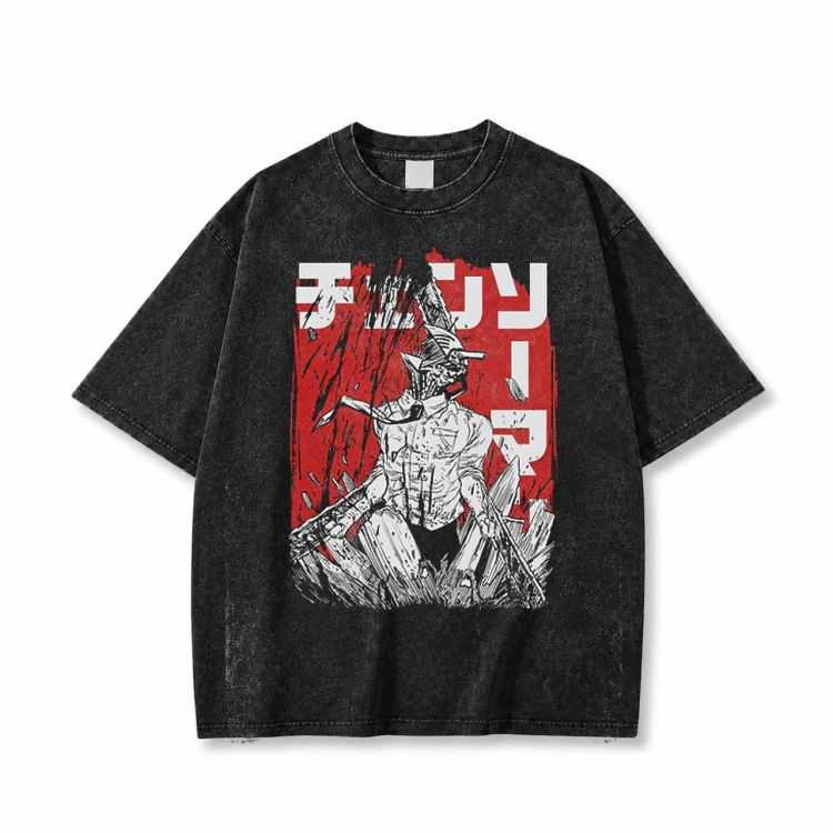 Koszulka Chainsaw Man – czarna sprana, nadruk z przodu