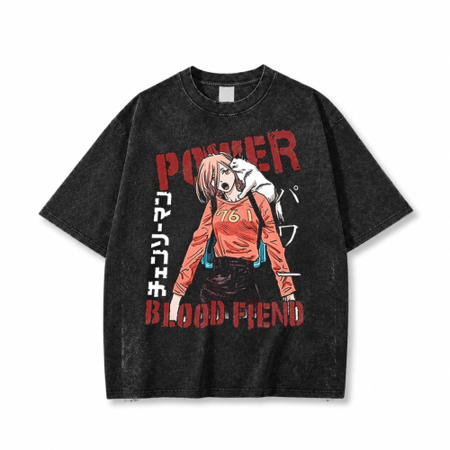 Koszulka Chainsaw Man – czarna sprana, nadruk z przodu