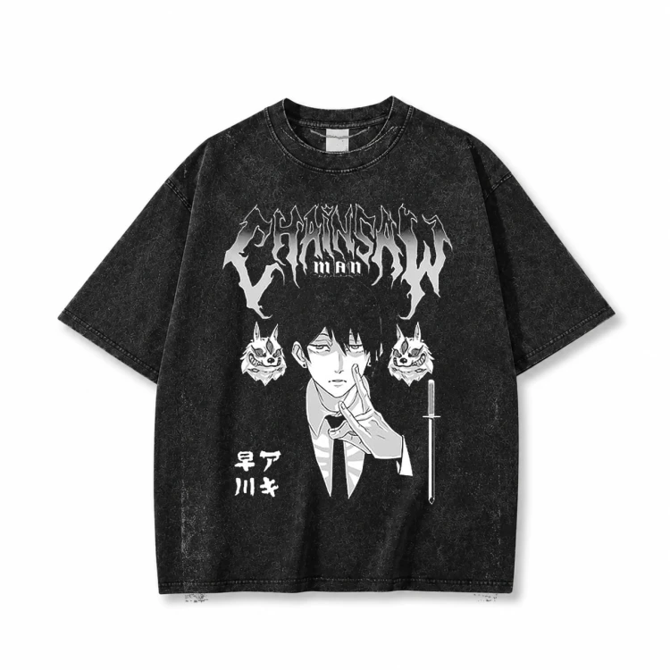 Koszulka Chainsaw Man – czarna sprana, nadruk z przodu