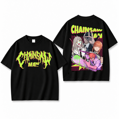 Koszulka Chainsaw Man – czarna, nadruk z przodu i z tyłu